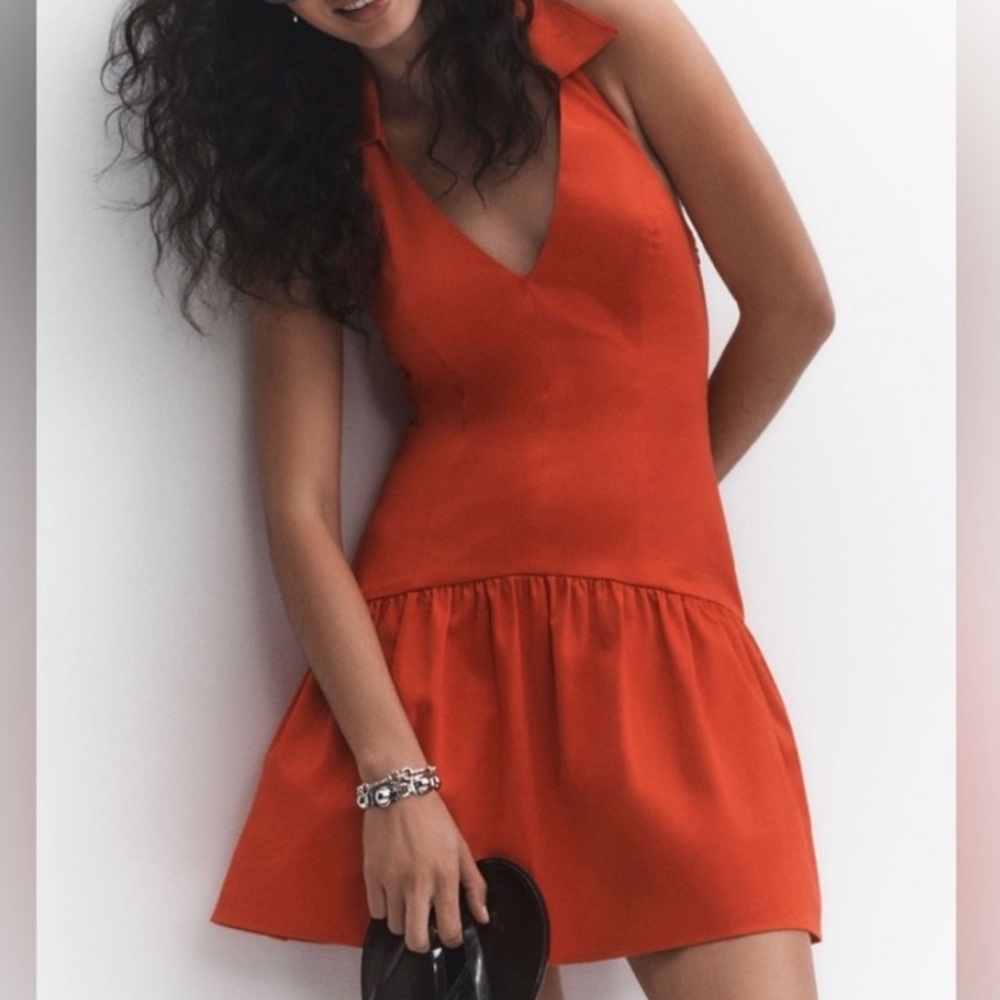🟠NWT MAEVE by ANTHROPOLOGIE Halter Drop-Waist Mini Dress in Red LG - Picture 5 of 6